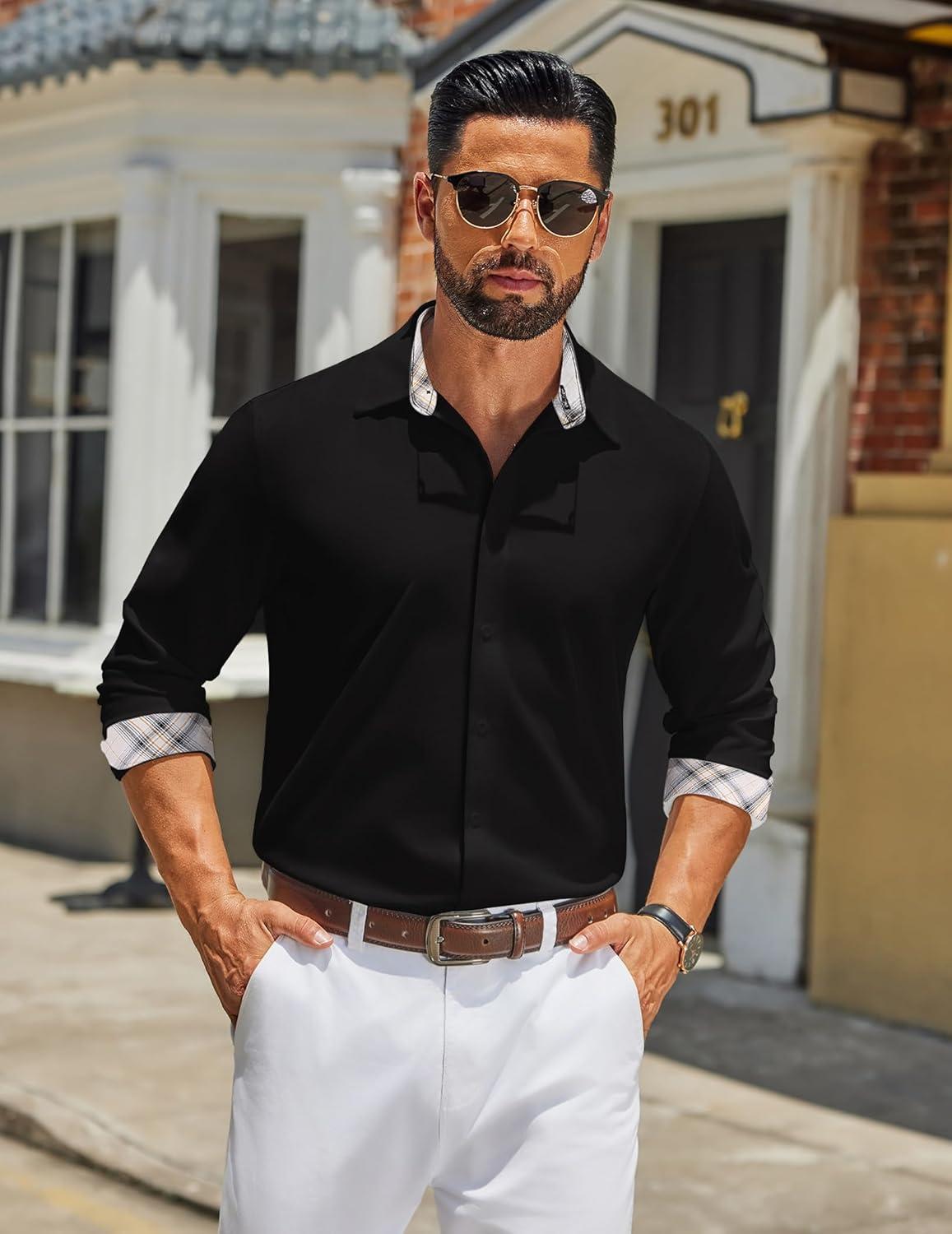 imageCOOFANDY Mens Long Sleeve Button Down Shirts Casual Untucked Shirt Regular Fit Dress ShirtBlack