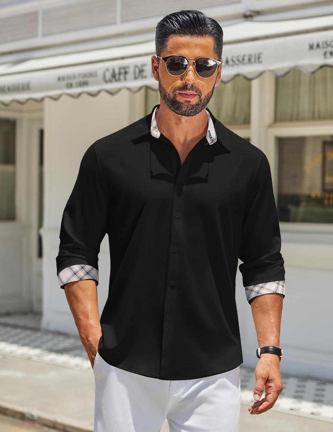 imageCOOFANDY Mens Long Sleeve Button Down Shirts Casual Untucked Shirt Regular Fit Dress ShirtBlack