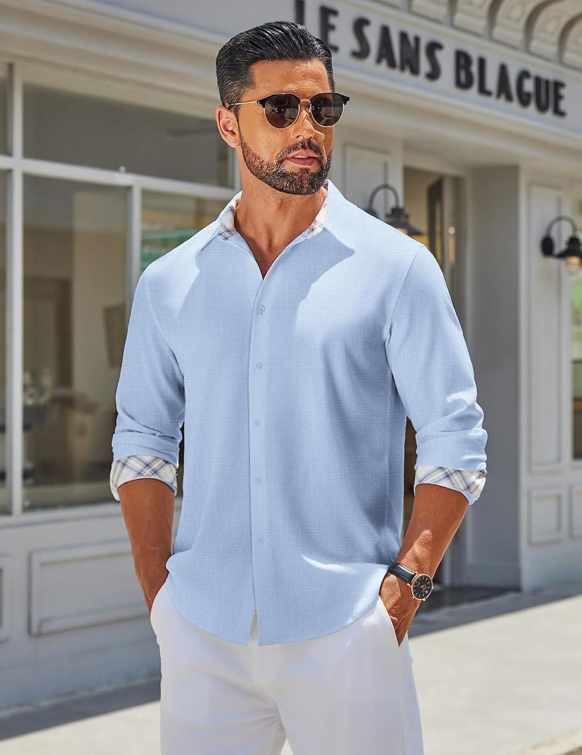 imageCOOFANDY Mens Long Sleeve Button Down Shirts Casual Untucked Shirt Regular Fit Dress ShirtClear Blue