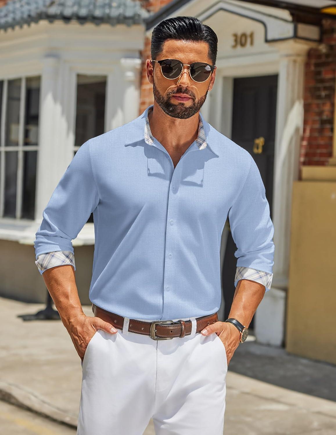 imageCOOFANDY Mens Long Sleeve Button Down Shirts Casual Untucked Shirt Regular Fit Dress ShirtClear Blue