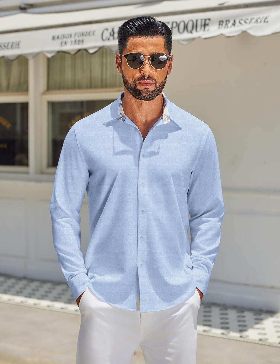 imageCOOFANDY Mens Long Sleeve Button Down Shirts Casual Untucked Shirt Regular Fit Dress ShirtClear Blue