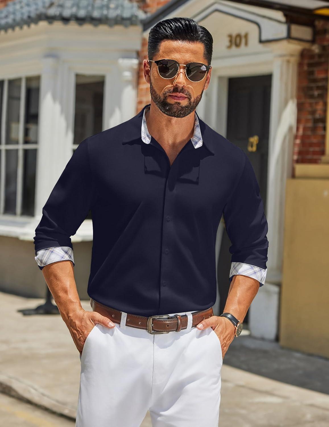 imageCOOFANDY Mens Long Sleeve Button Down Shirts Casual Untucked Shirt Regular Fit Dress ShirtDark Blue