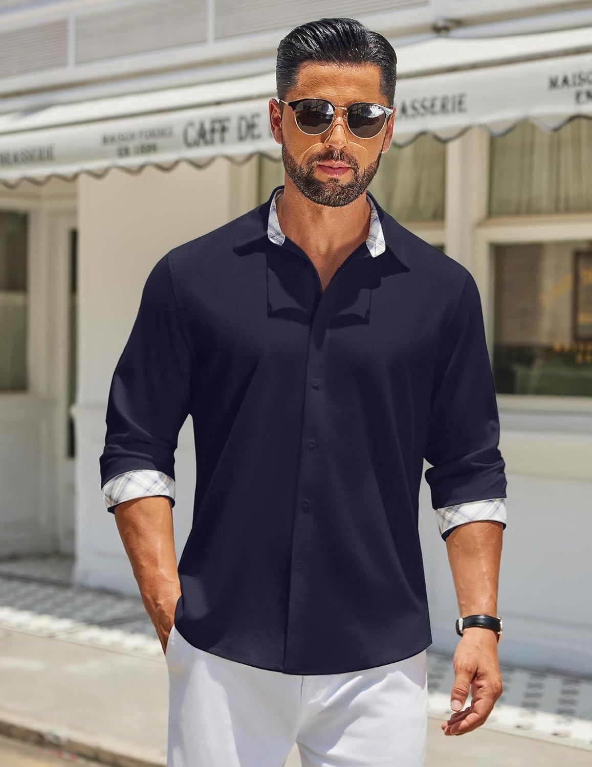 imageCOOFANDY Mens Long Sleeve Button Down Shirts Casual Untucked Shirt Regular Fit Dress ShirtDark Blue
