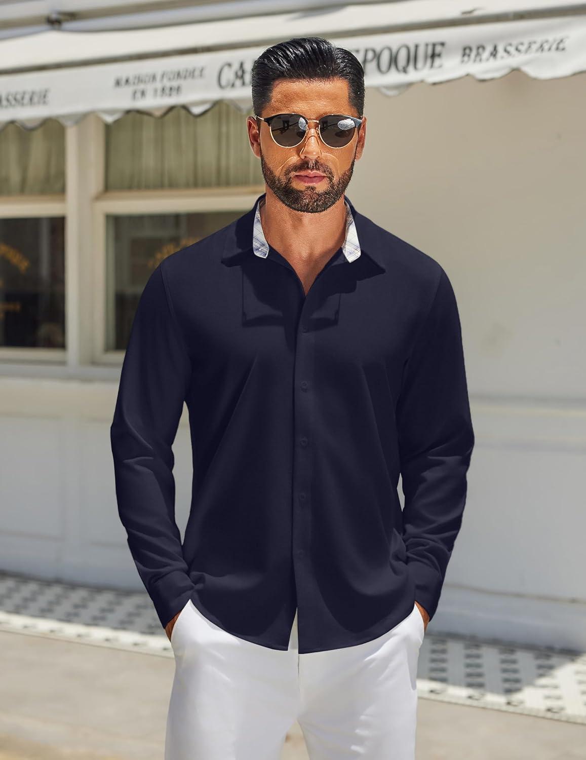 imageCOOFANDY Mens Long Sleeve Button Down Shirts Casual Untucked Shirt Regular Fit Dress ShirtDark Blue