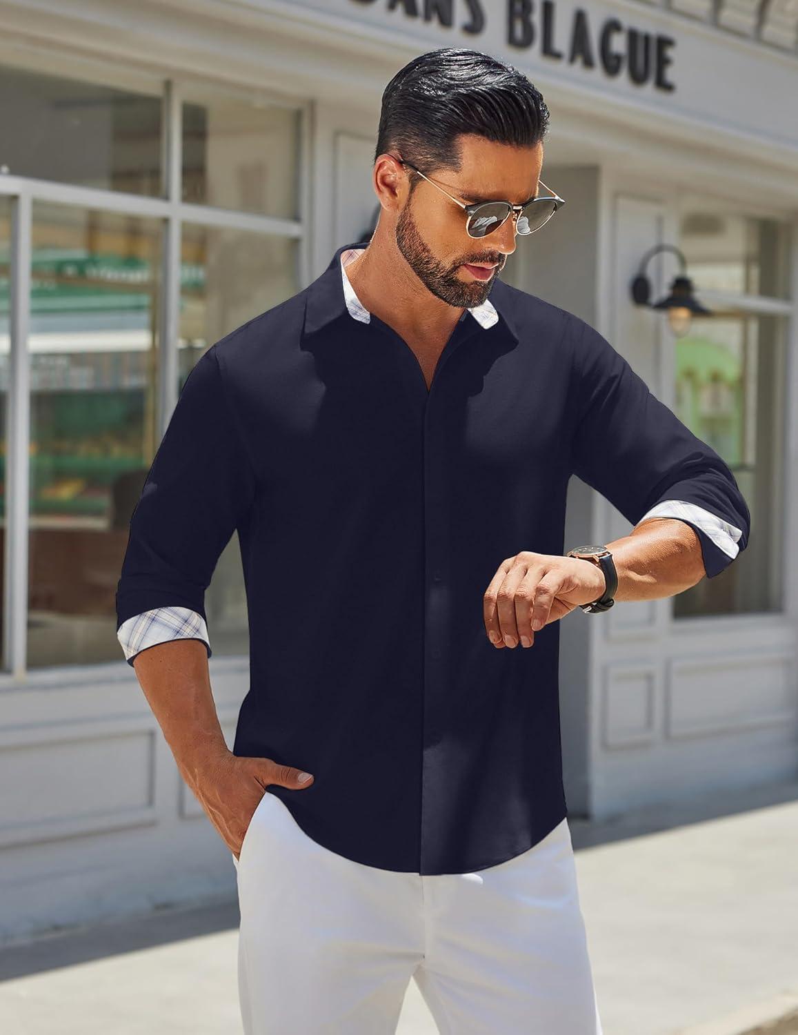 imageCOOFANDY Mens Long Sleeve Button Down Shirts Casual Untucked Shirt Regular Fit Dress ShirtDark Blue