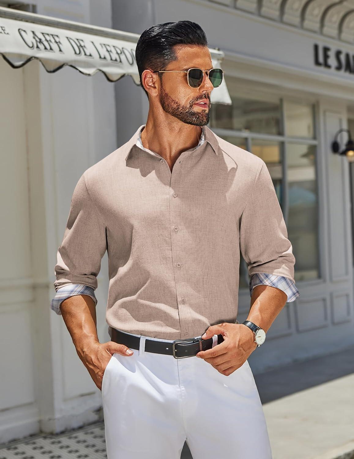 imageCOOFANDY Mens Long Sleeve Button Down Shirts Casual Untucked Shirt Regular Fit Dress ShirtKhaki