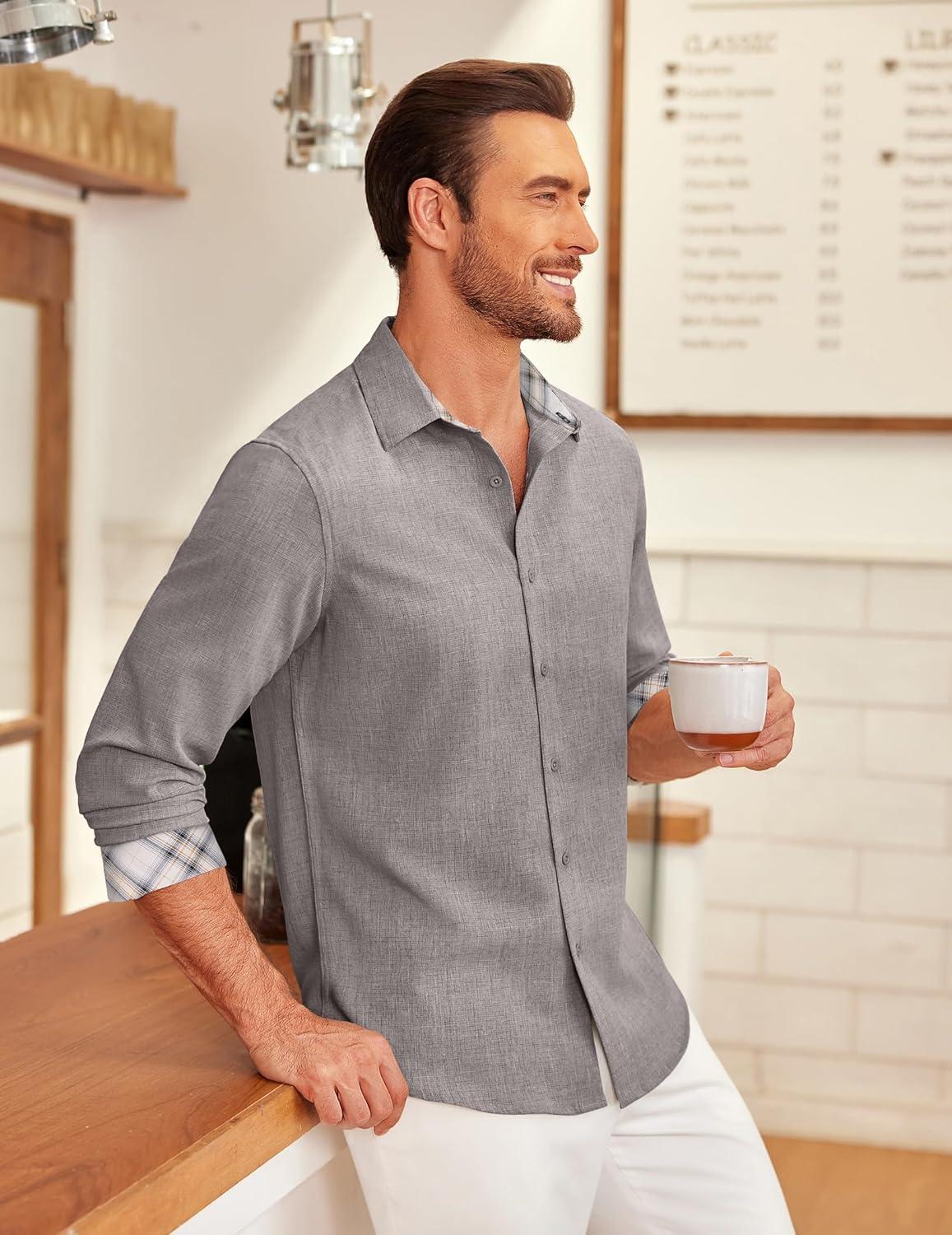 imageCOOFANDY Mens Long Sleeve Button Down Shirts Casual Untucked Shirt Regular Fit Dress ShirtLight Grey