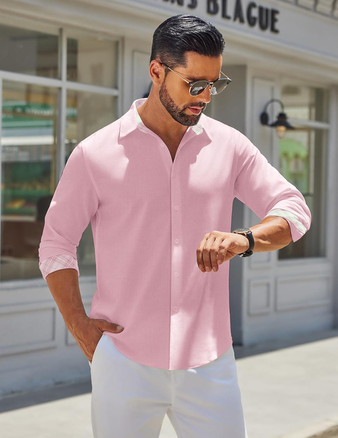 imageCOOFANDY Mens Long Sleeve Button Down Shirts Casual Untucked Shirt Regular Fit Dress ShirtPink