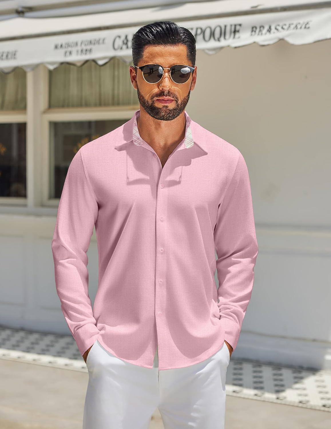 imageCOOFANDY Mens Long Sleeve Button Down Shirts Casual Untucked Shirt Regular Fit Dress ShirtPink