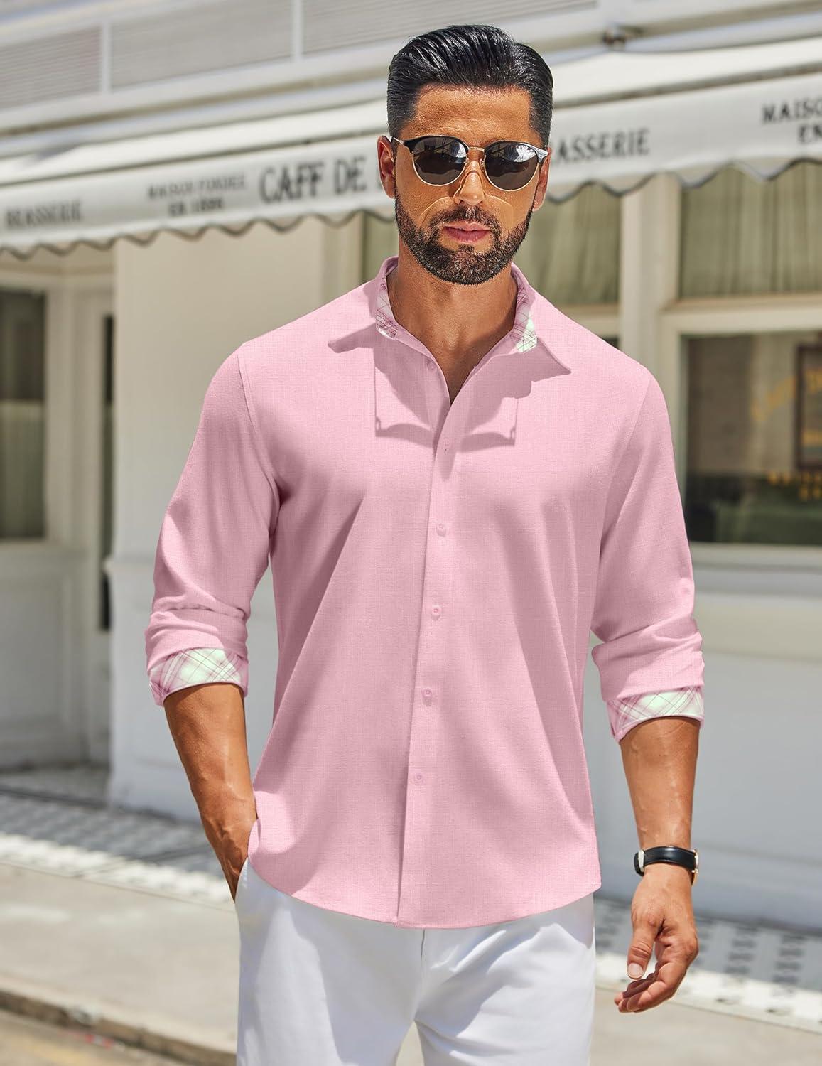 imageCOOFANDY Mens Long Sleeve Button Down Shirts Casual Untucked Shirt Regular Fit Dress ShirtPink