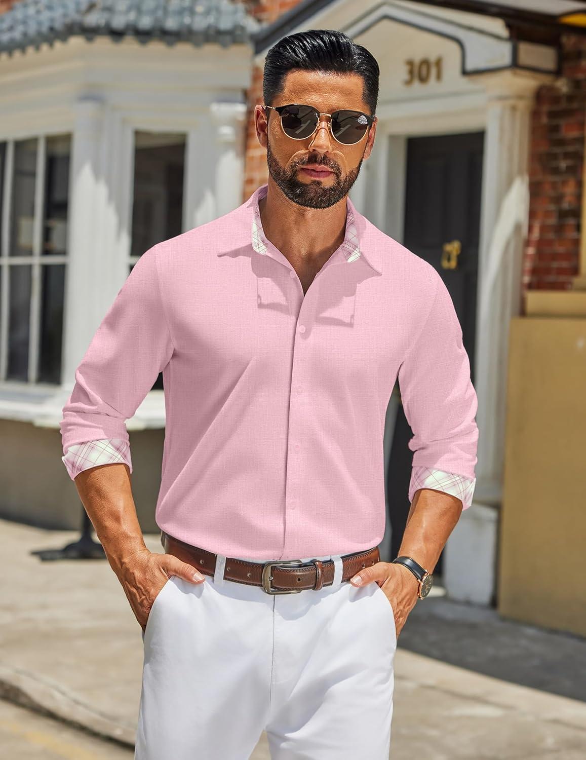 imageCOOFANDY Mens Long Sleeve Button Down Shirts Casual Untucked Shirt Regular Fit Dress ShirtPink