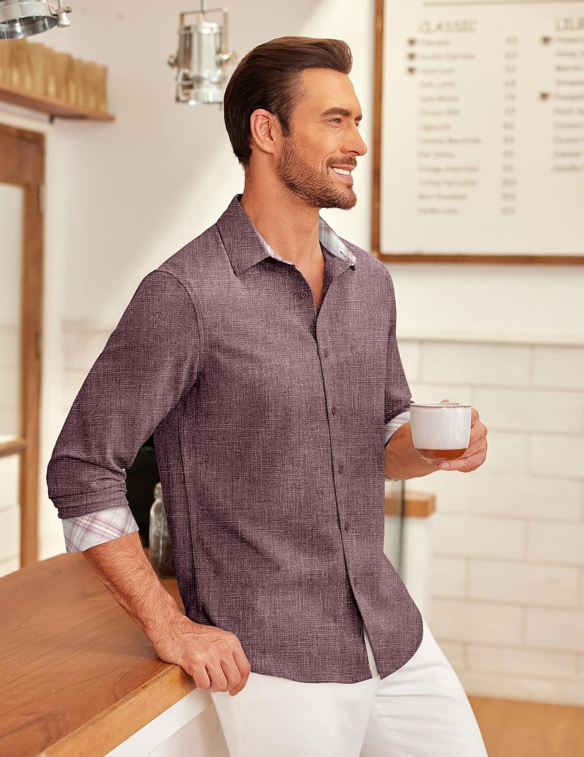 imageCOOFANDY Mens Long Sleeve Button Down Shirts Casual Untucked Shirt Regular Fit Dress ShirtRed