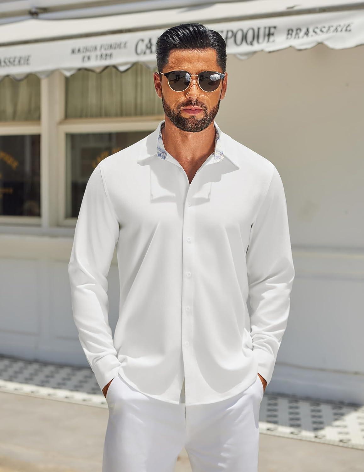 imageCOOFANDY Mens Long Sleeve Button Down Shirts Casual Untucked Shirt Regular Fit Dress ShirtWhite