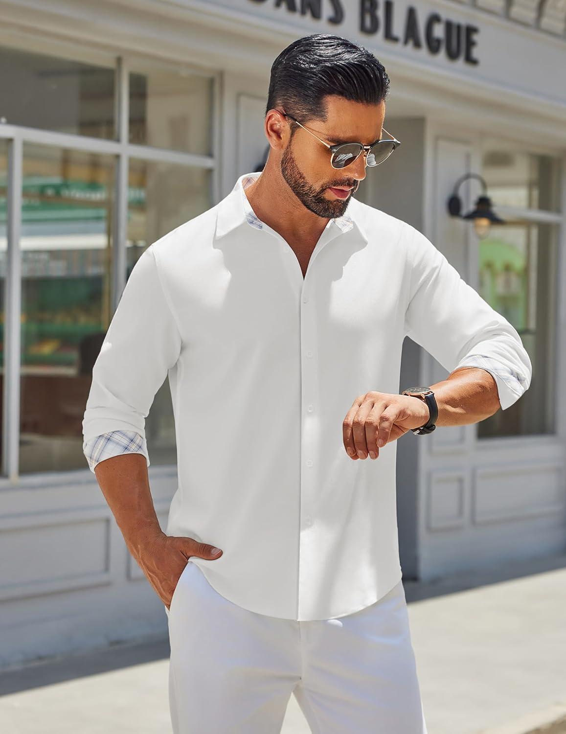 imageCOOFANDY Mens Long Sleeve Button Down Shirts Casual Untucked Shirt Regular Fit Dress ShirtWhite