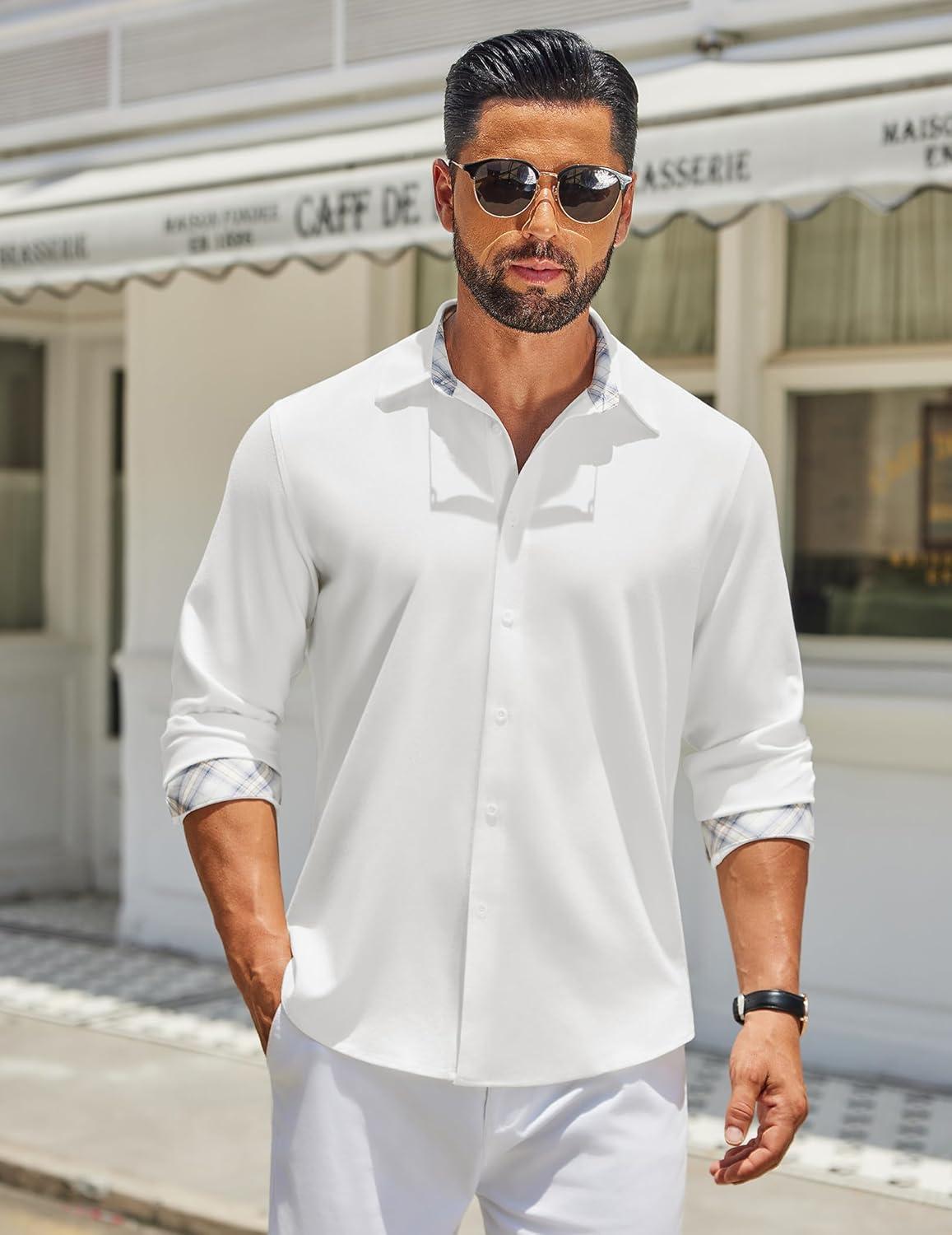 imageCOOFANDY Mens Long Sleeve Button Down Shirts Casual Untucked Shirt Regular Fit Dress ShirtWhite