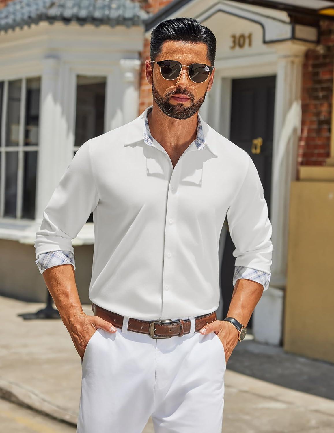 imageCOOFANDY Mens Long Sleeve Button Down Shirts Casual Untucked Shirt Regular Fit Dress ShirtWhite