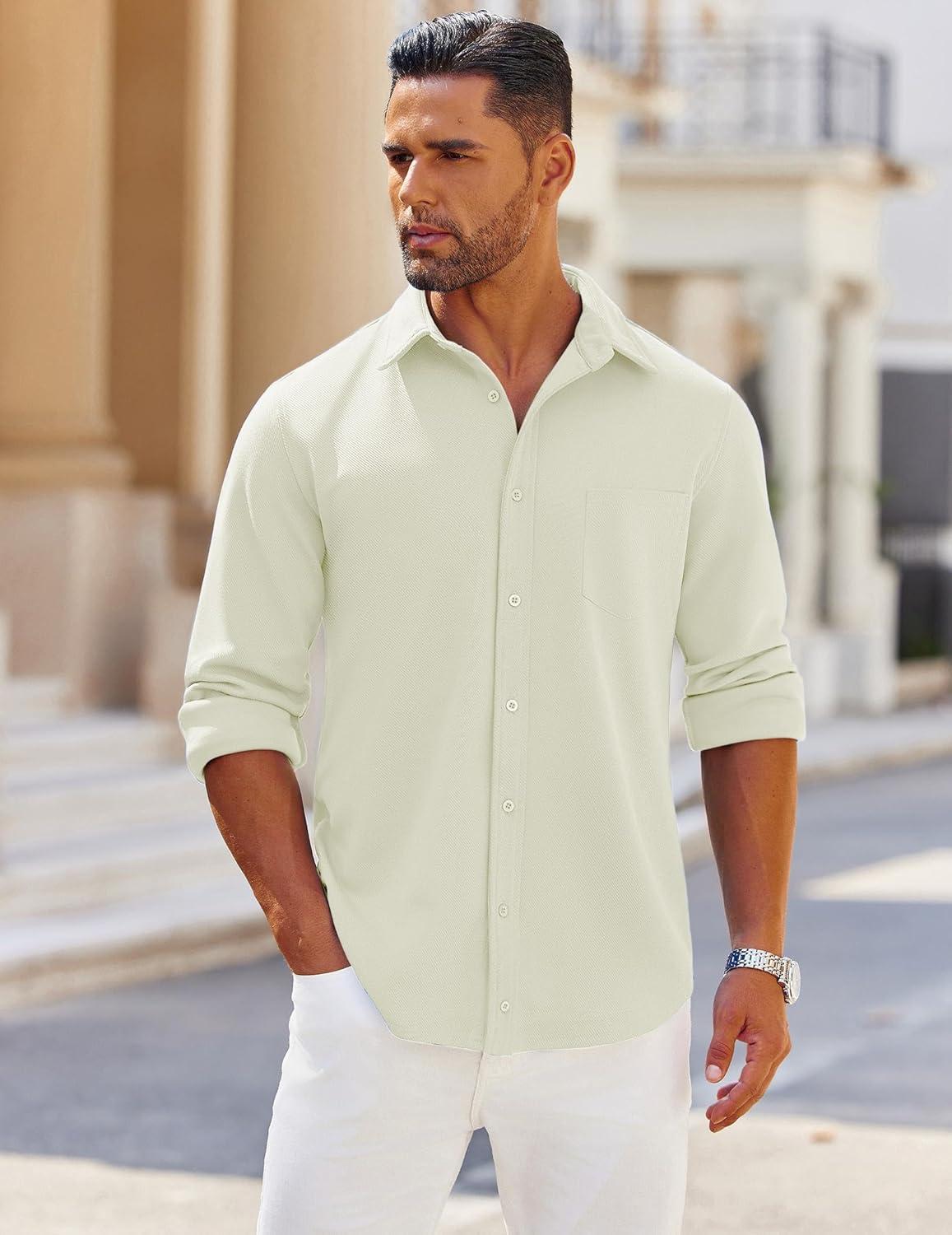 imageCOOFANDY Mens Long Sleeve Button Down Shirts Wrinkle Free Shacket Jacket Stretch Casual OvershirtBeige