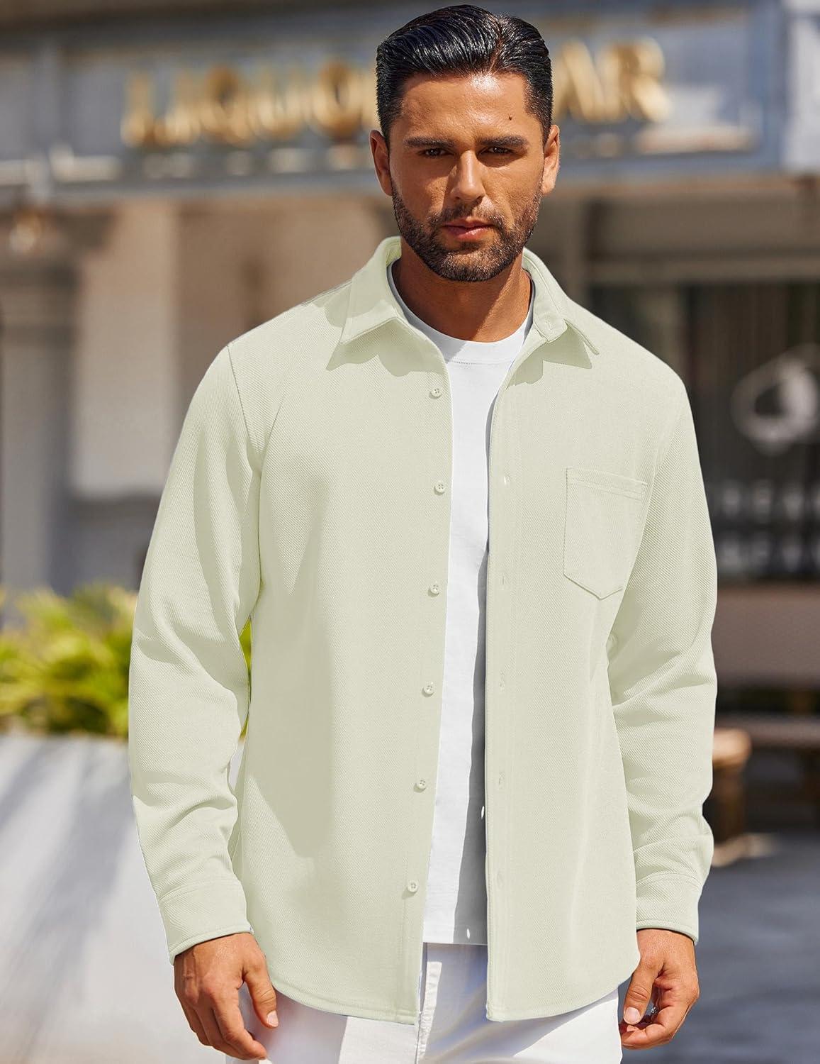 imageCOOFANDY Mens Long Sleeve Button Down Shirts Wrinkle Free Shacket Jacket Stretch Casual OvershirtBeige