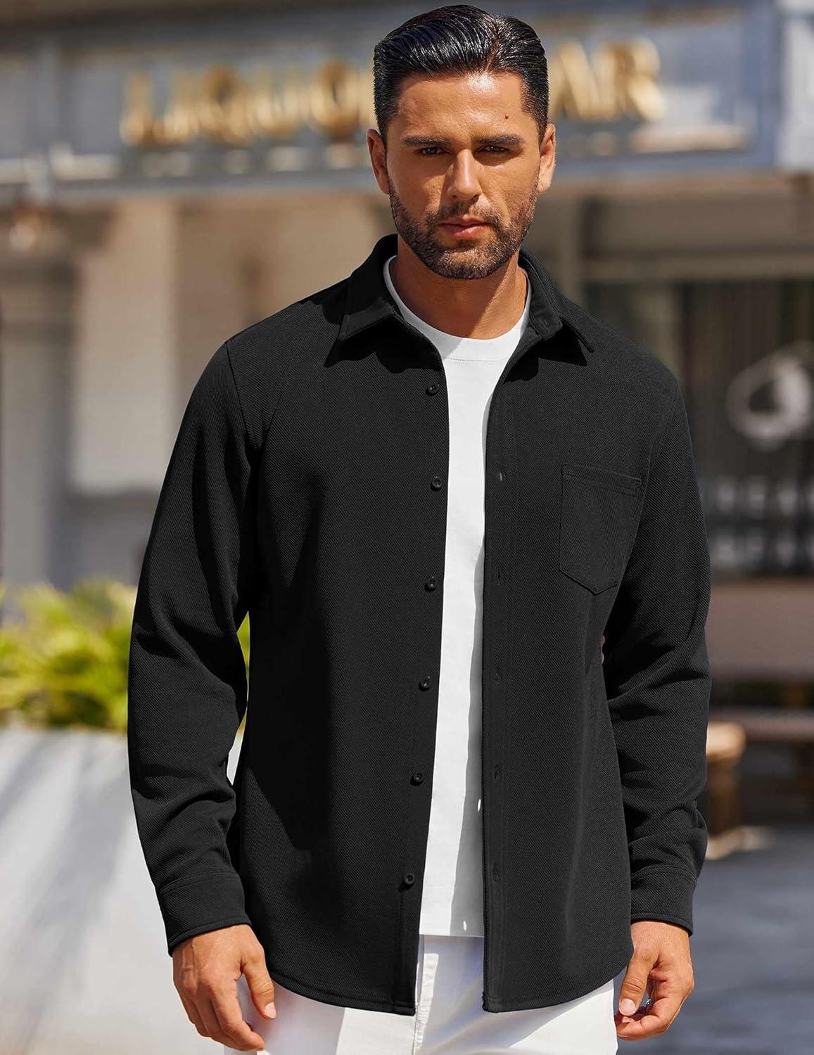 imageCOOFANDY Mens Long Sleeve Button Down Shirts Wrinkle Free Shacket Jacket Stretch Casual OvershirtBlack