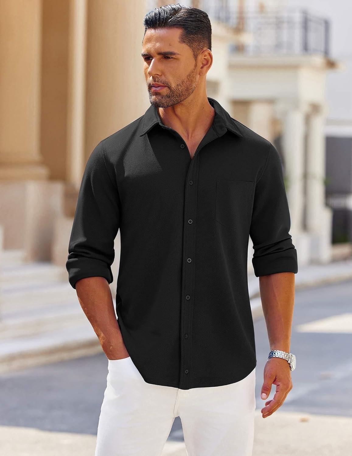 imageCOOFANDY Mens Long Sleeve Button Down Shirts Wrinkle Free Shacket Jacket Stretch Casual OvershirtBlack