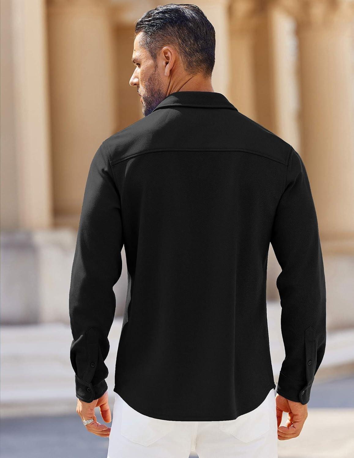 imageCOOFANDY Mens Long Sleeve Button Down Shirts Wrinkle Free Shacket Jacket Stretch Casual OvershirtBlack