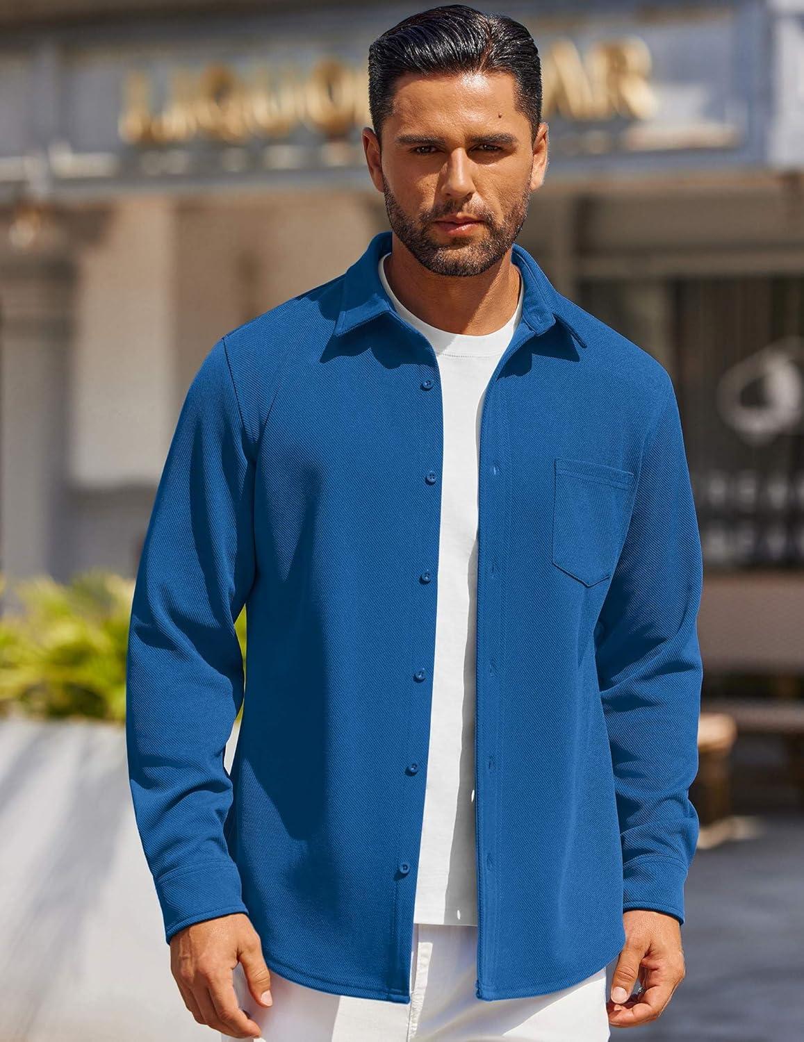 imageCOOFANDY Mens Long Sleeve Button Down Shirts Wrinkle Free Shacket Jacket Stretch Casual OvershirtBlue
