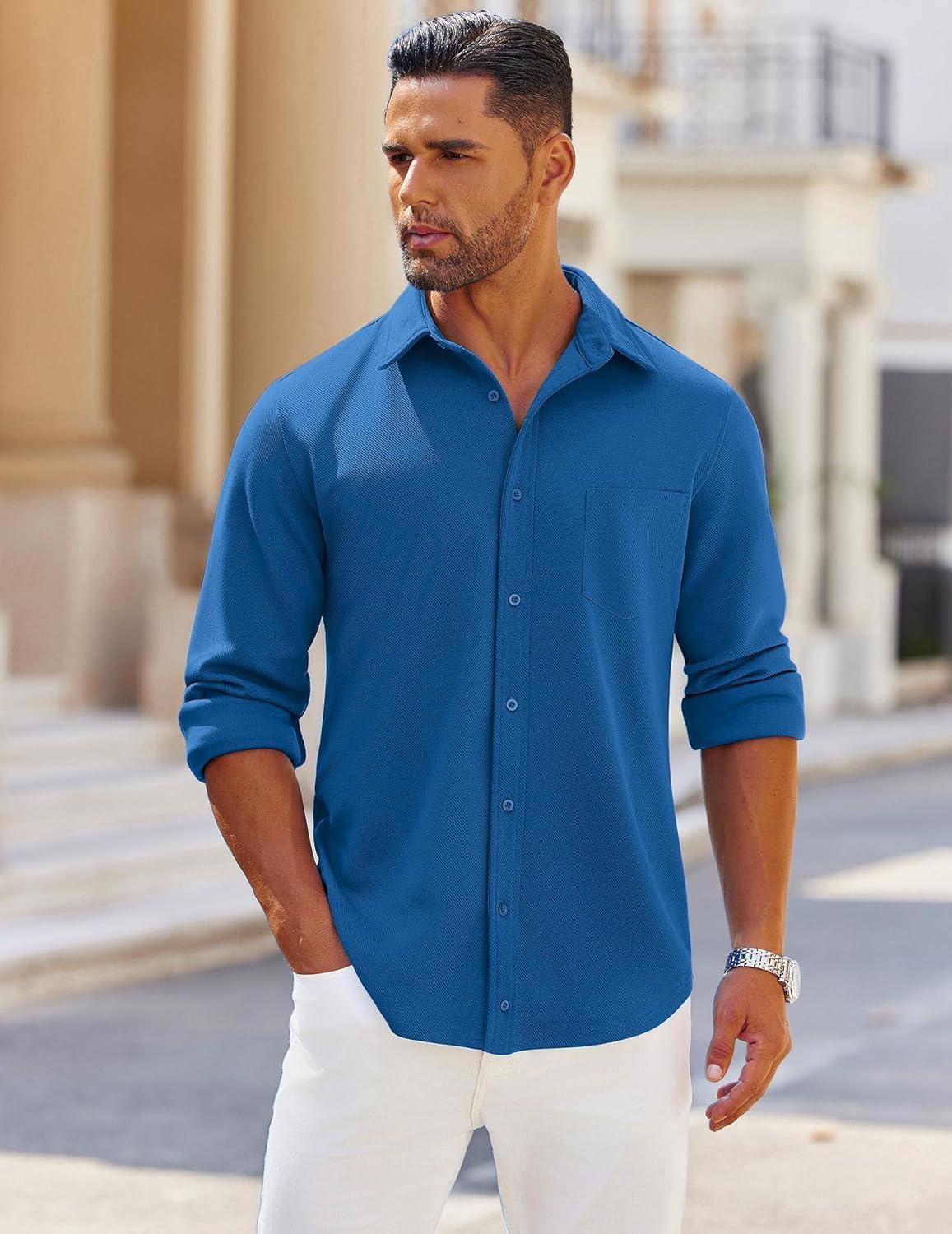 imageCOOFANDY Mens Long Sleeve Button Down Shirts Wrinkle Free Shacket Jacket Stretch Casual OvershirtBlue