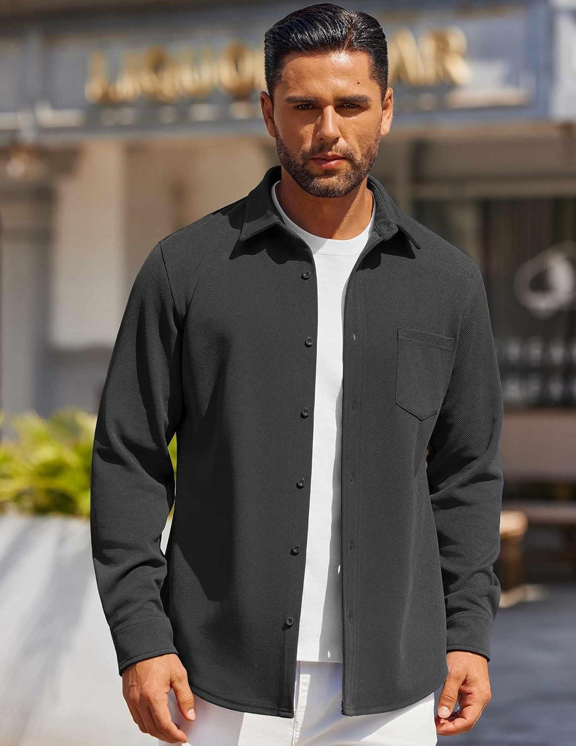 imageCOOFANDY Mens Long Sleeve Button Down Shirts Wrinkle Free Shacket Jacket Stretch Casual OvershirtDark Grey