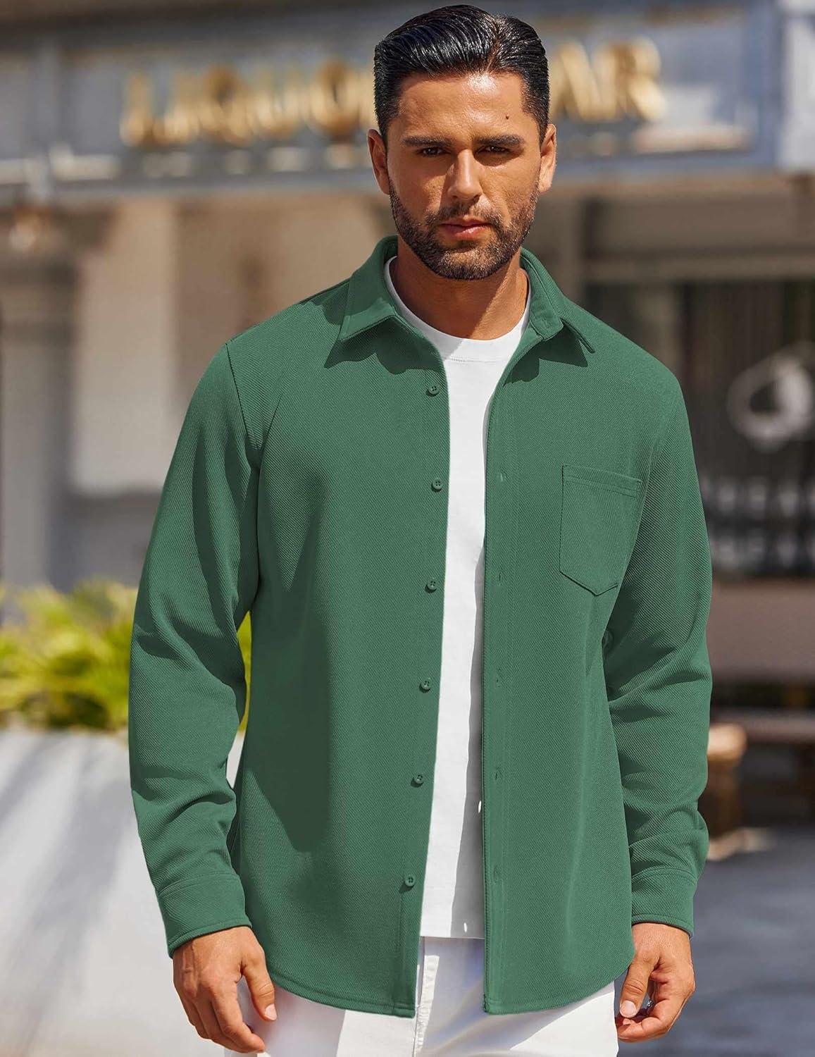 imageCOOFANDY Mens Long Sleeve Button Down Shirts Wrinkle Free Shacket Jacket Stretch Casual OvershirtGreen
