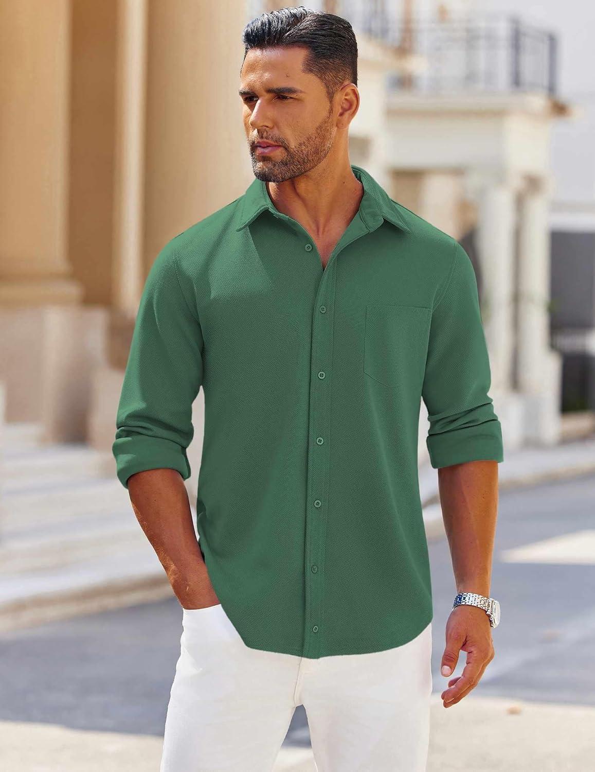 imageCOOFANDY Mens Long Sleeve Button Down Shirts Wrinkle Free Shacket Jacket Stretch Casual OvershirtGreen