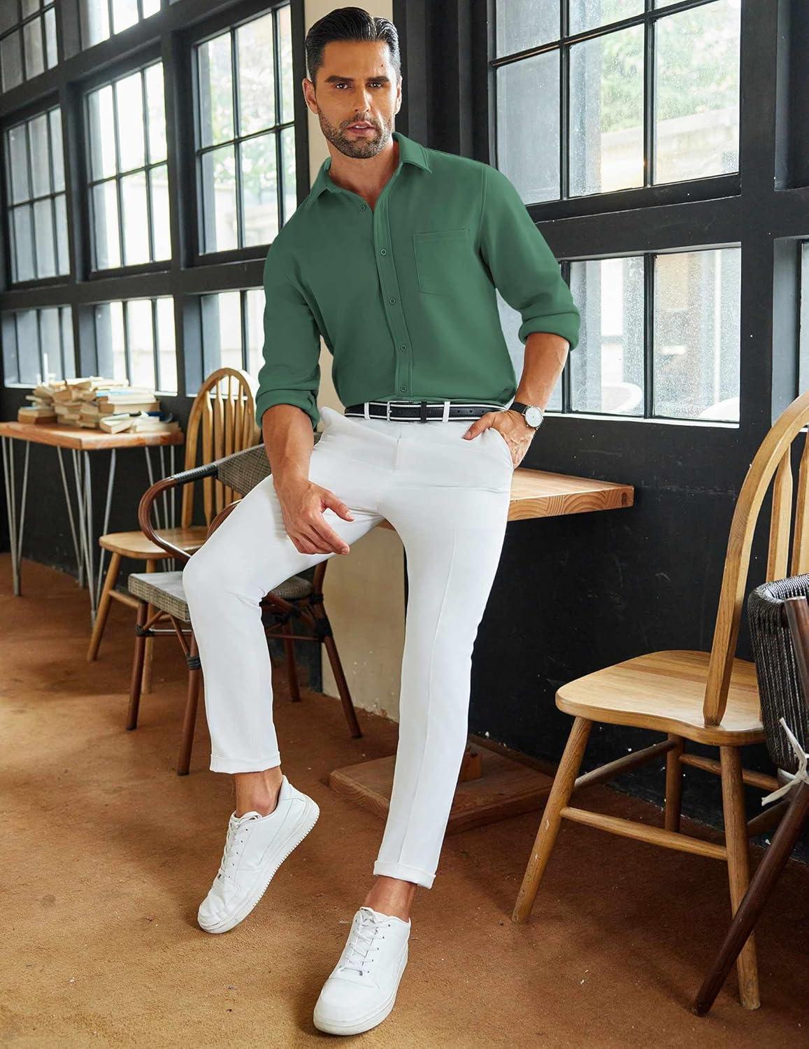 imageCOOFANDY Mens Long Sleeve Button Down Shirts Wrinkle Free Shacket Jacket Stretch Casual OvershirtGreen