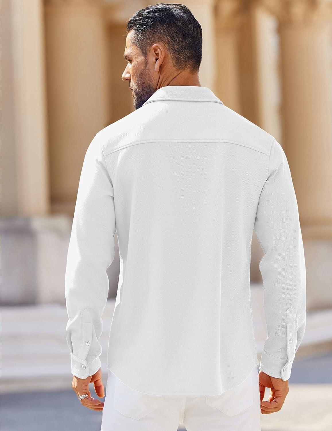 imageCOOFANDY Mens Long Sleeve Button Down Shirts Wrinkle Free Shacket Jacket Stretch Casual OvershirtWhite