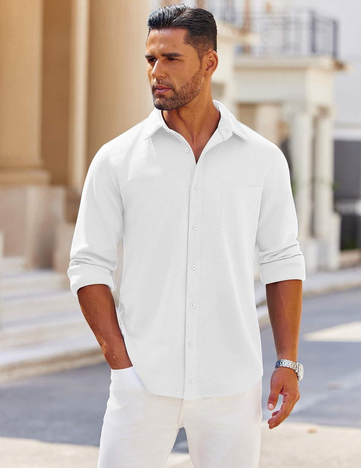 imageCOOFANDY Mens Long Sleeve Button Down Shirts Wrinkle Free Shacket Jacket Stretch Casual OvershirtWhite