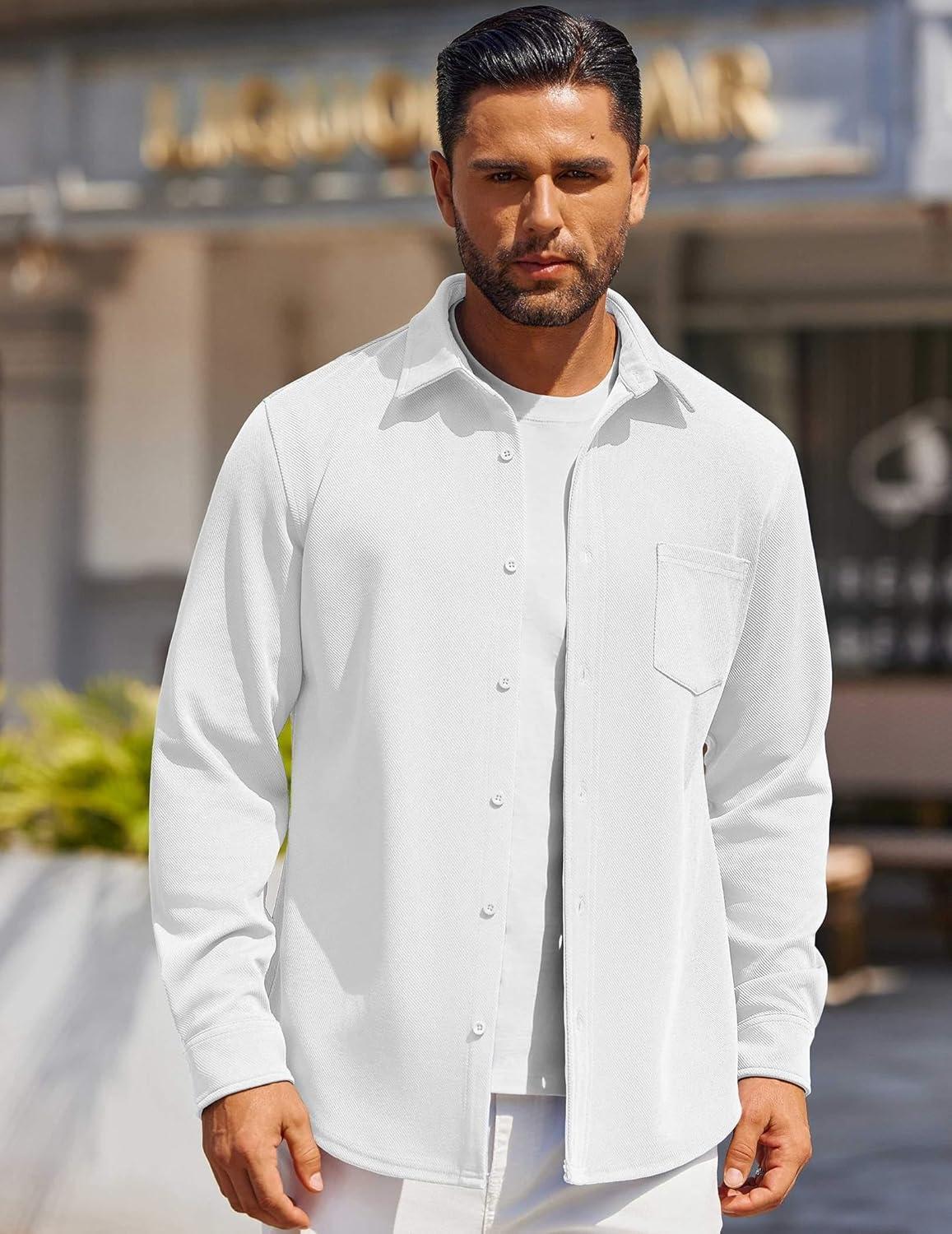 imageCOOFANDY Mens Long Sleeve Button Down Shirts Wrinkle Free Shacket Jacket Stretch Casual OvershirtWhite
