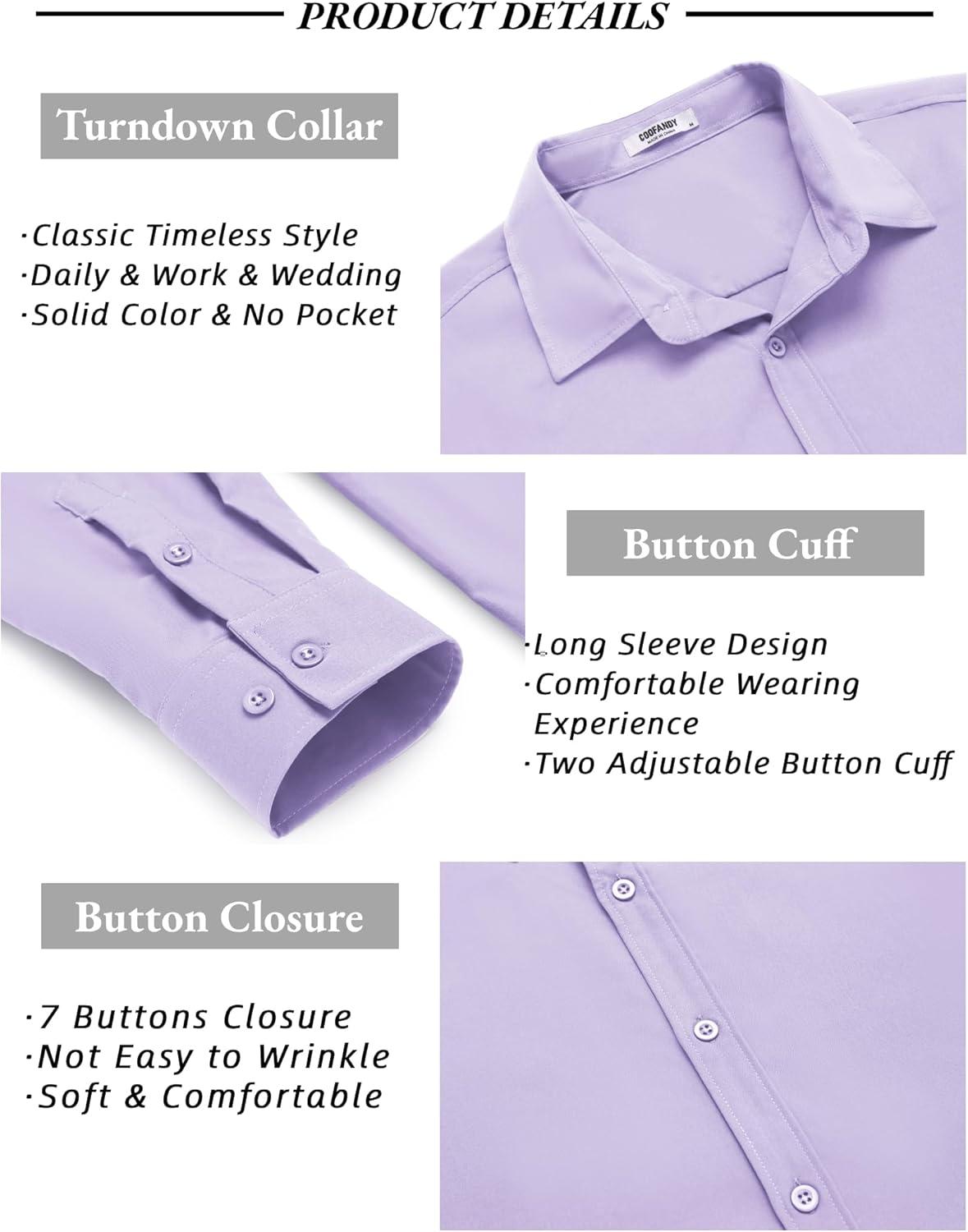 imageCOOFANDY Mens Long Sleeve Dress Shirt Casual Button Down Shirts Wrinkle Free Untucked ShirtLight Purple