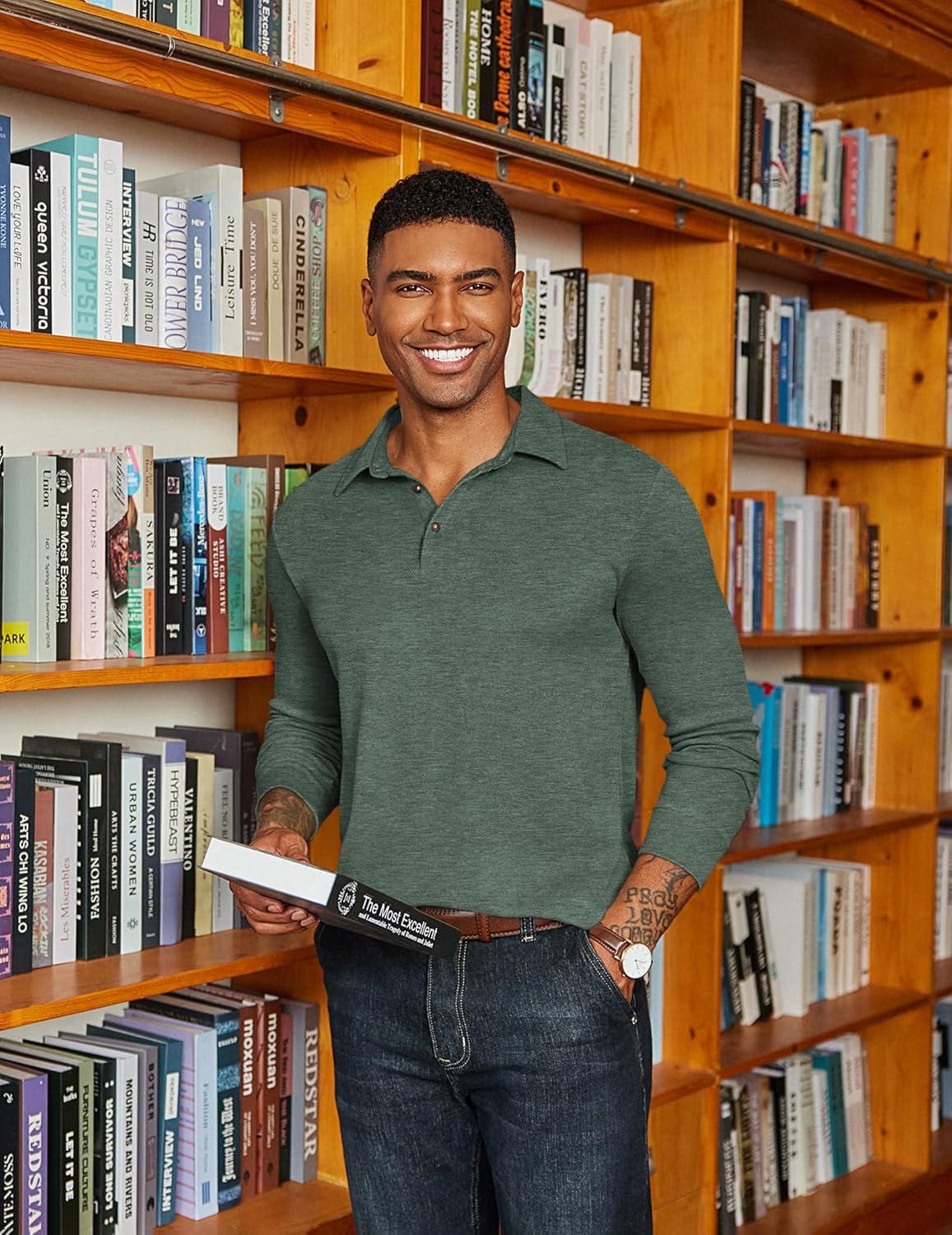 imageCOOFANDY Mens Long Sleeve Polo Shirts Classic Casual Button Polo Tee Lightweight Collared Golf ShirtDark Army Green