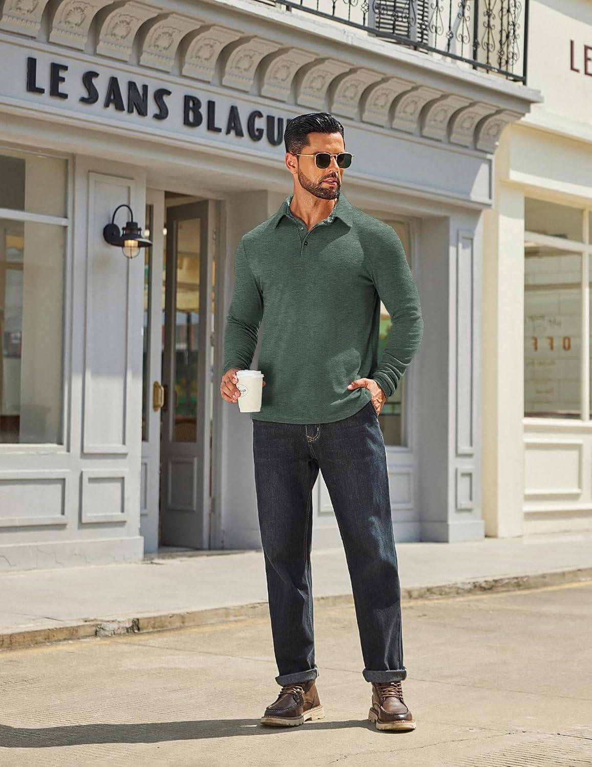 imageCOOFANDY Mens Long Sleeve Polo Shirts Classic Casual Button Polo Tee Lightweight Collared Golf ShirtDark Army Green