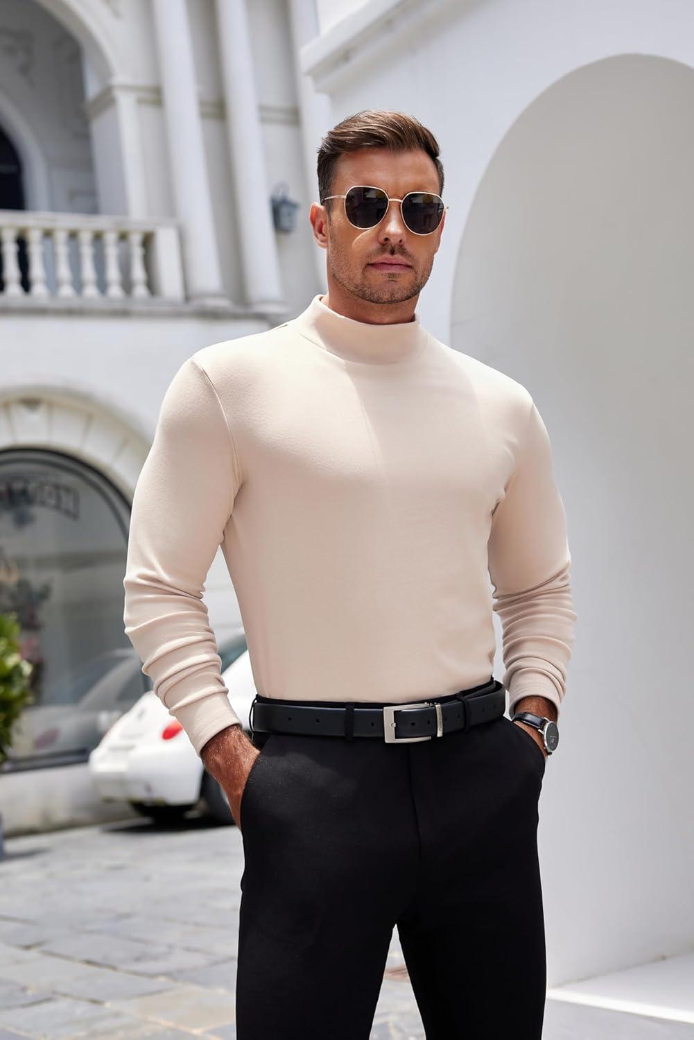 imageCOOFANDY Mens Mock Turtleneck Long Sleeve Shirts Basic Thermal Turtle Neck Undershirt Lightweight Pullover Sweaters TopBbeige