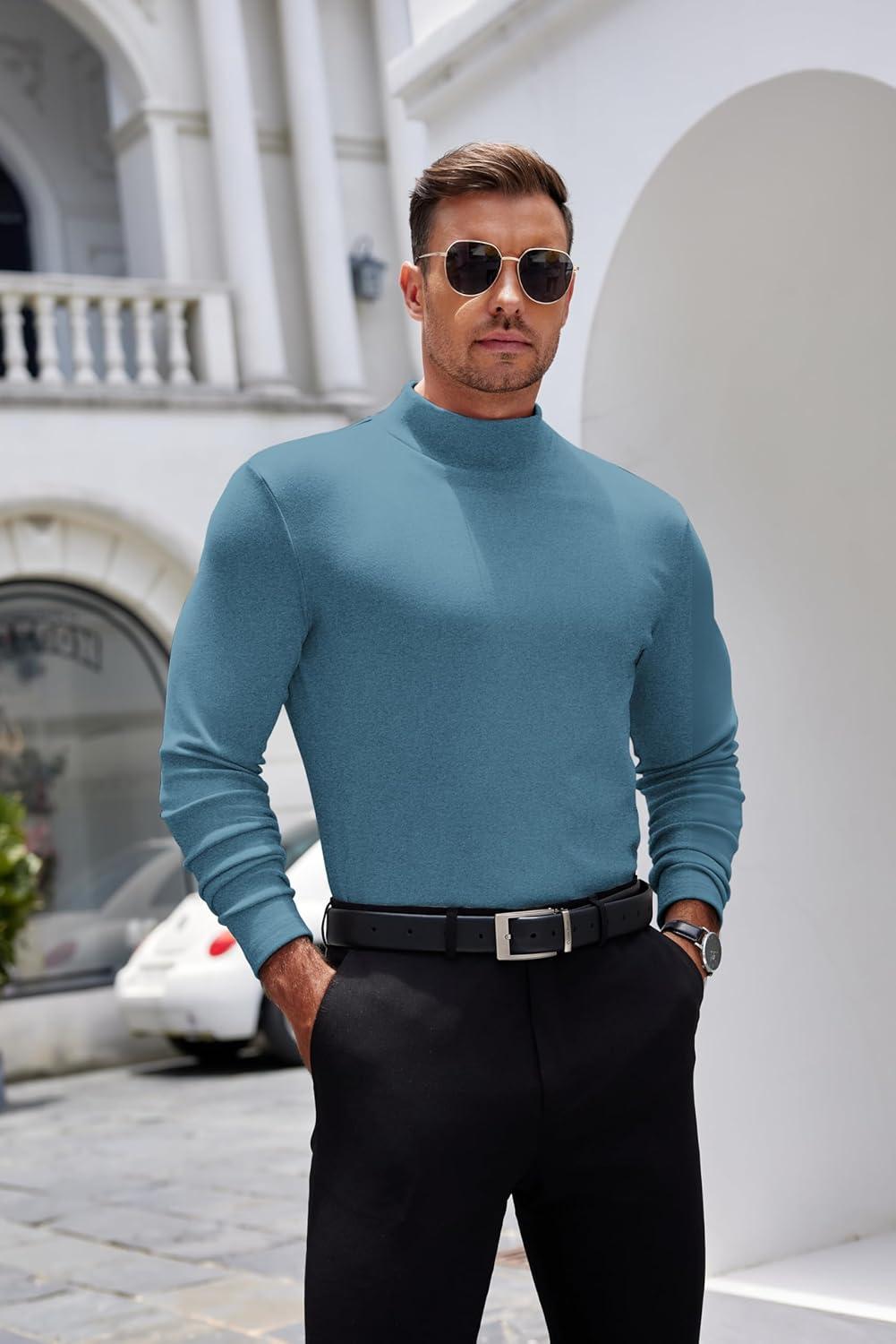 imageCOOFANDY Mens Mock Turtleneck Long Sleeve Shirts Basic Thermal Turtle Neck Undershirt Lightweight Pullover Sweaters TopBlue