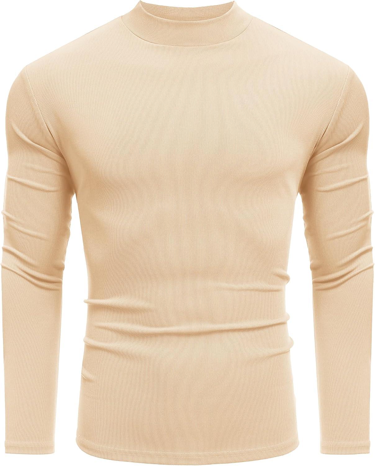imageCOOFANDY Mens Mock Turtleneck Long Sleeve Shirts Slim Fit Basic TShirt Lightweight Ribbed Pullover Sweater1 Packbeige