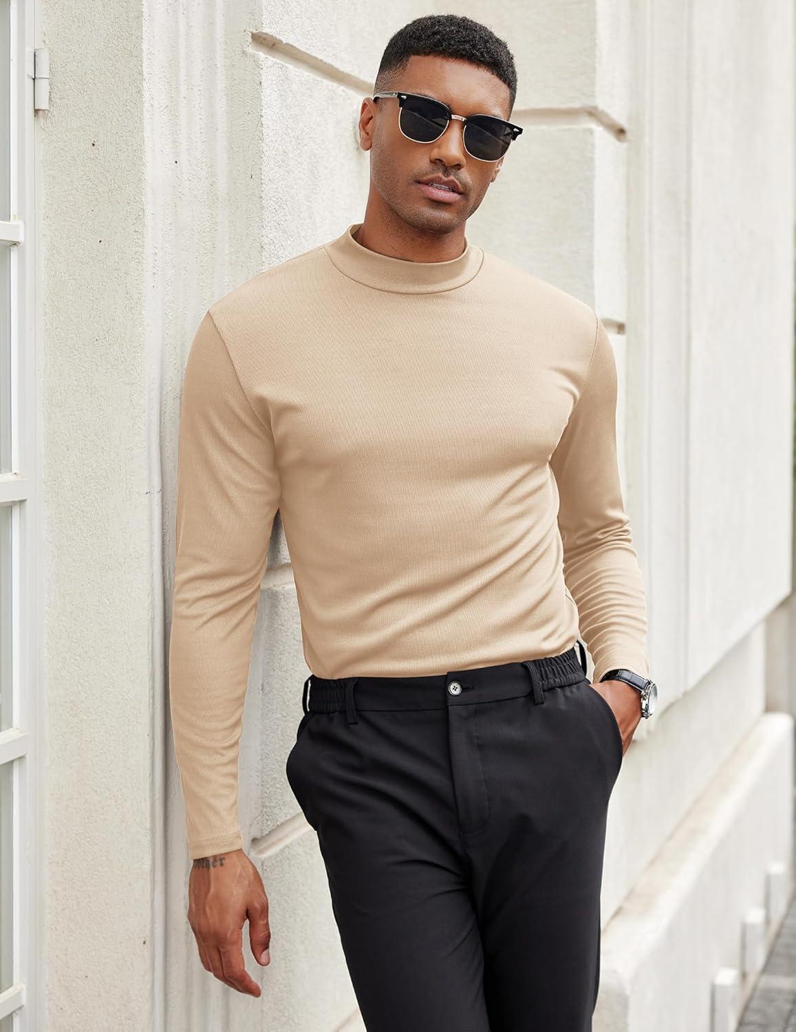 imageCOOFANDY Mens Mock Turtleneck Long Sleeve Shirts Slim Fit Basic TShirt Lightweight Ribbed Pullover Sweater1 Packbeige