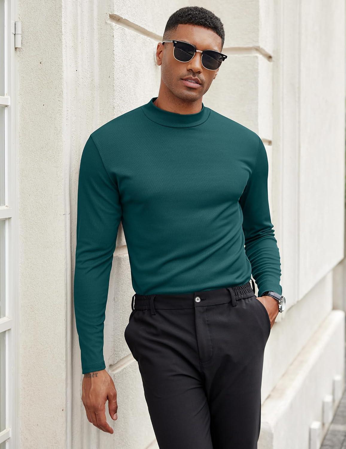 imageCOOFANDY Mens Mock Turtleneck Long Sleeve Shirts Slim Fit Basic TShirt Lightweight Ribbed Pullover Sweater1 Packgreen