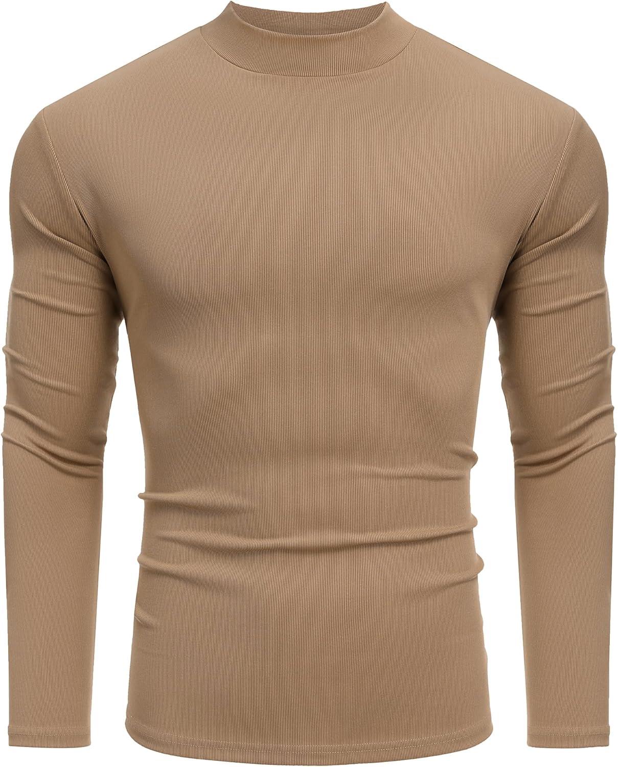 imageCOOFANDY Mens Mock Turtleneck Long Sleeve Shirts Slim Fit Basic TShirt Lightweight Ribbed Pullover Sweater1 Packkhaki