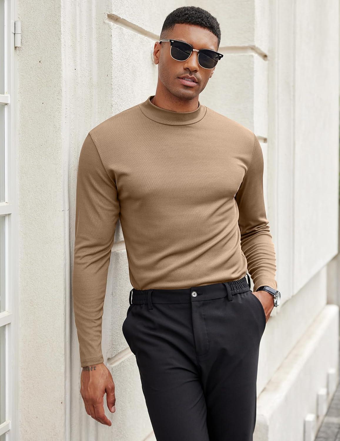 imageCOOFANDY Mens Mock Turtleneck Long Sleeve Shirts Slim Fit Basic TShirt Lightweight Ribbed Pullover Sweater1 Packkhaki