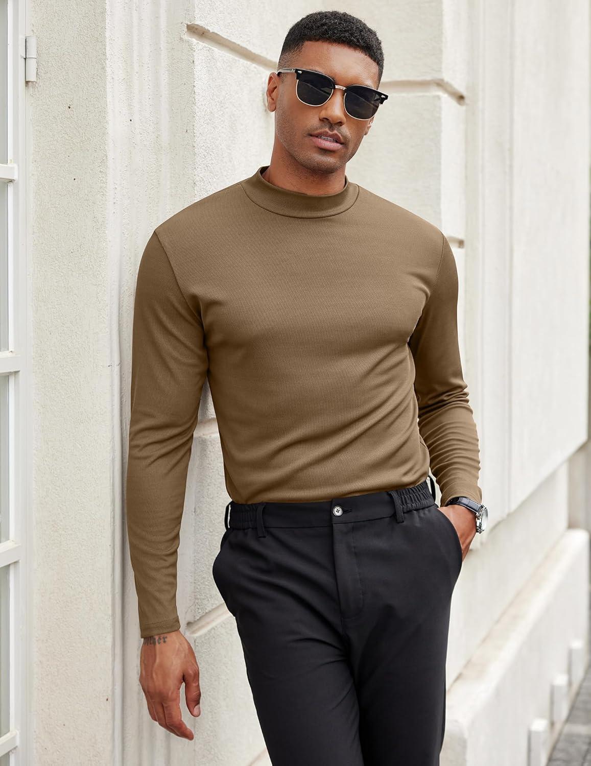 imageCOOFANDY Mens Mock Turtleneck Long Sleeve Shirts Slim Fit Basic TShirt Lightweight Ribbed Pullover Sweater2 Packblack Brown