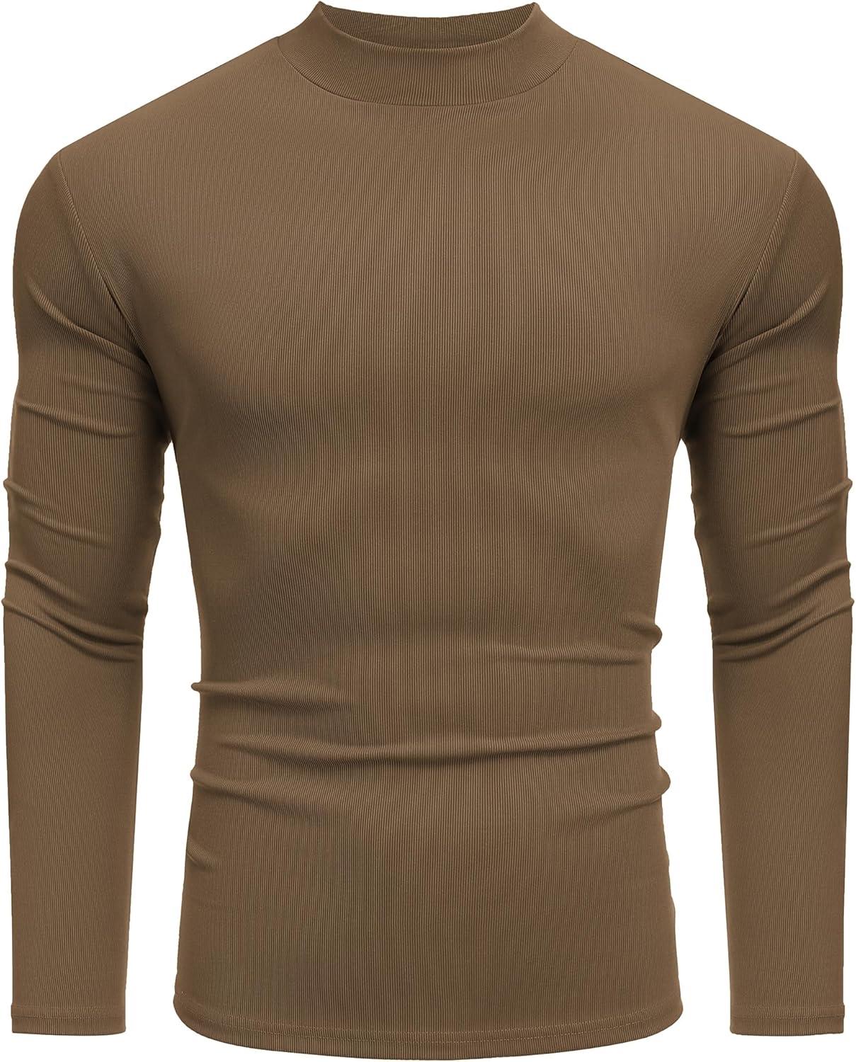 imageCOOFANDY Mens Mock Turtleneck Long Sleeve Shirts Slim Fit Basic TShirt Lightweight Ribbed Pullover Sweater2 Packblack Brown
