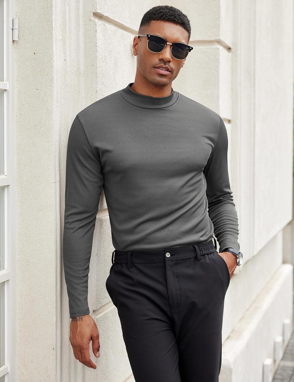imageCOOFANDY Mens Mock Turtleneck Long Sleeve Shirts Slim Fit Basic TShirt Lightweight Ribbed Pullover Sweater2 Packblack Dark Grey