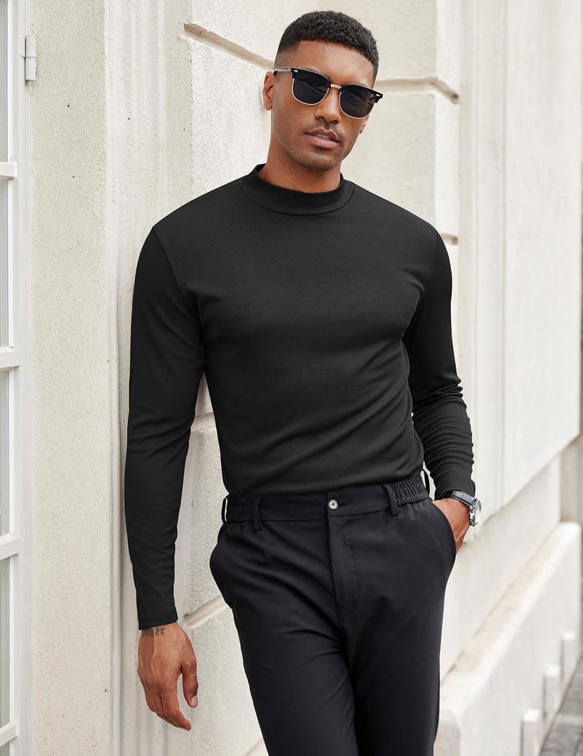 imageCOOFANDY Mens Mock Turtleneck Long Sleeve Shirts Slim Fit Basic TShirt Lightweight Ribbed Pullover Sweater2 Packblack White