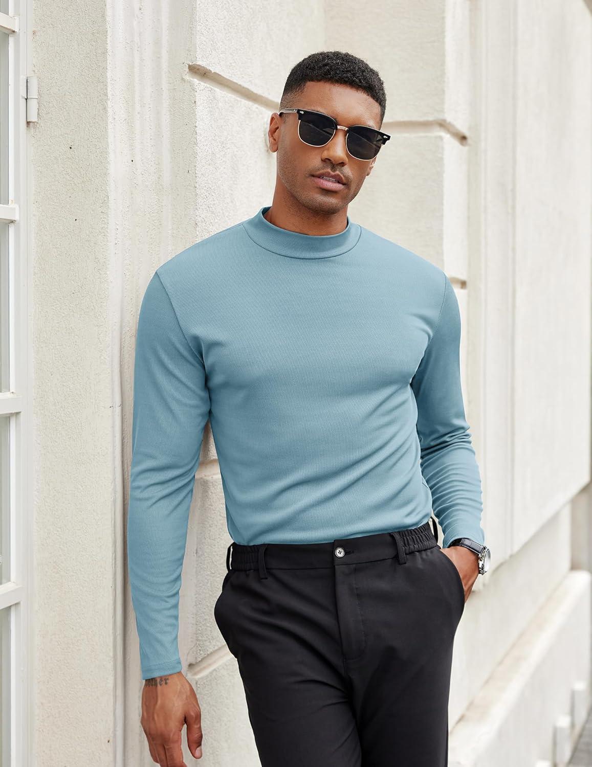 imageCOOFANDY Mens Mock Turtleneck Long Sleeve Shirts Slim Fit Basic TShirt Lightweight Ribbed Pullover SweaterGreenish Blue