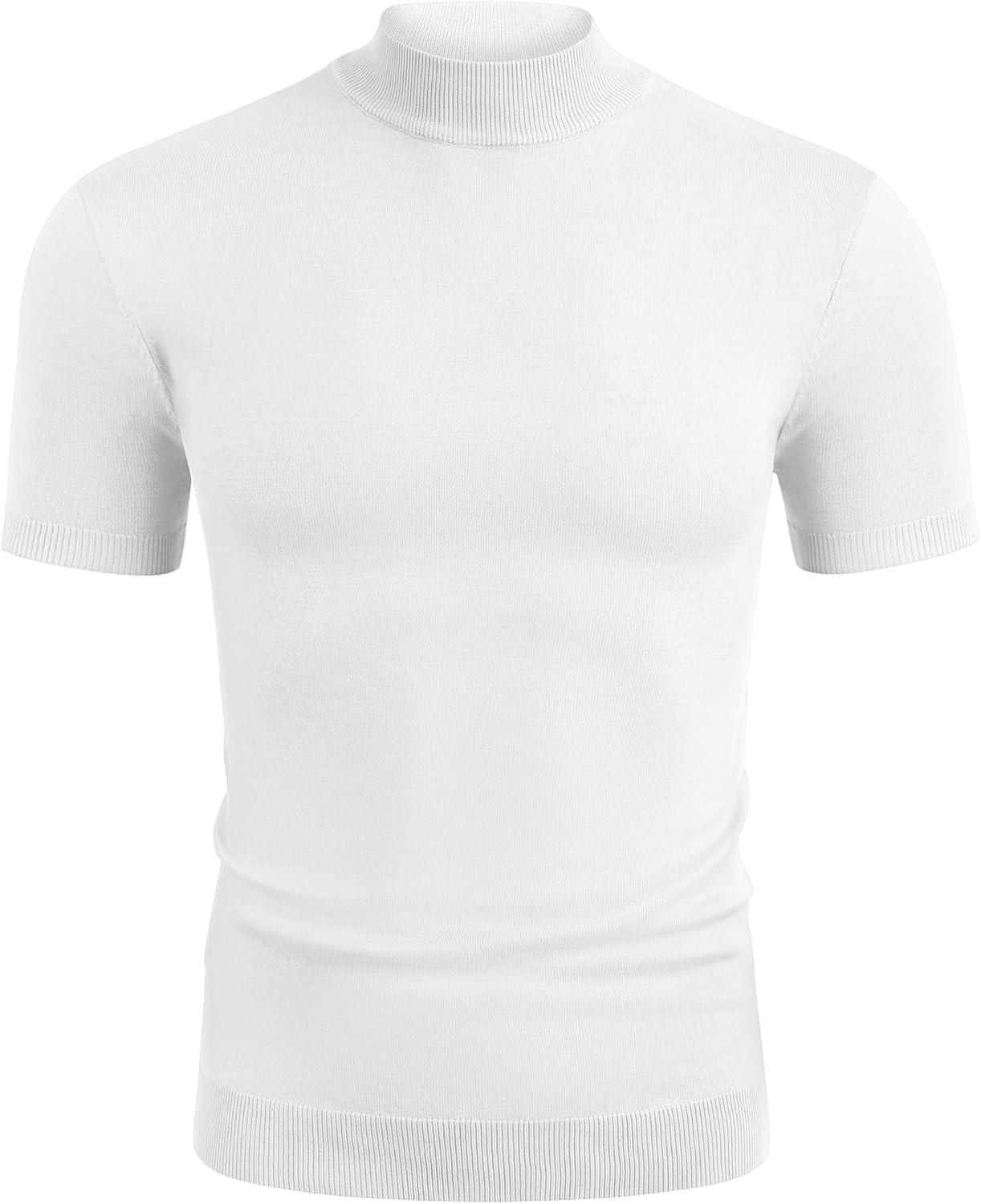 imageCOOFANDY Mens Mock Turtleneck Sweater Short Sleeve Casual Dress Sweater Slim Fit Pullover Basic Knit TeeAll White